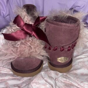 UGG Burgundy Fluffy Boots with Satin Bow